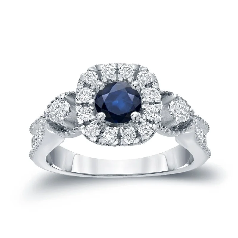 Ladies engraved engagement rings-14k Gold Round 1/2ct Blue Sapphire and 1/2ct TDW Diamond Halo Engagement Ring