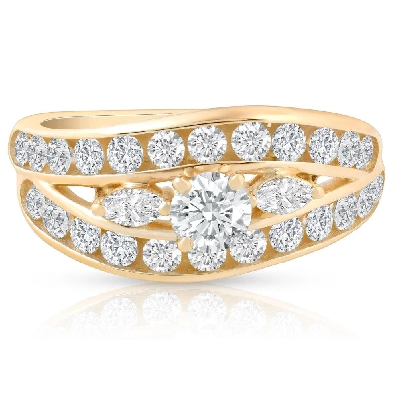 Ladies round cut engagement rings-1 3/4 CT Diamond Contour Designer Engagement Ring 14k Yellow Gold