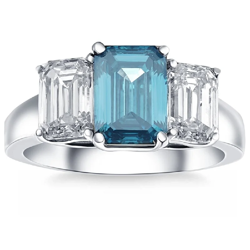 Ladies wedding engagement rings-4.50Ct Blue & White Emerald Cut Engagement Ring White Gold Lab Grown