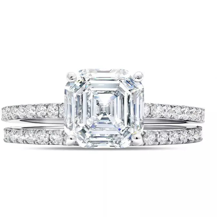 Ladies two-tone rings-CRISLU LARGE ASSCHER CUT SOLITAIRE AND PAVE RING SET IN PLATINUM