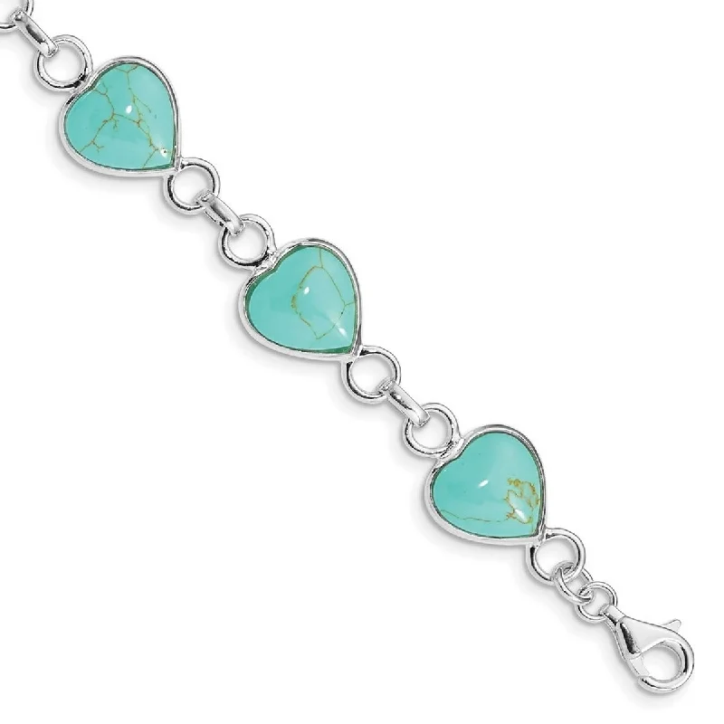 Ladies handmade bracelets-Curata 925 Sterling Silver Polished Open back Fancy Lobster Closure Love Heart shaped Created Simulated Turquoise Bracelet 7