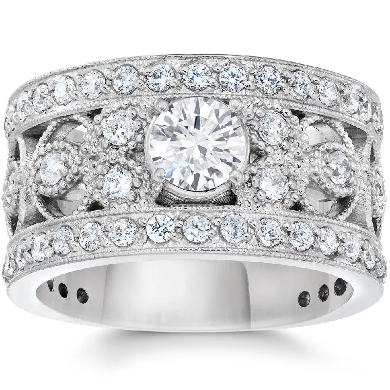 Ladies engagement rings with round halos-10K White Gold 1 5/8Ct TDW Diamond Vintage Antique Filigree Engagement Ring