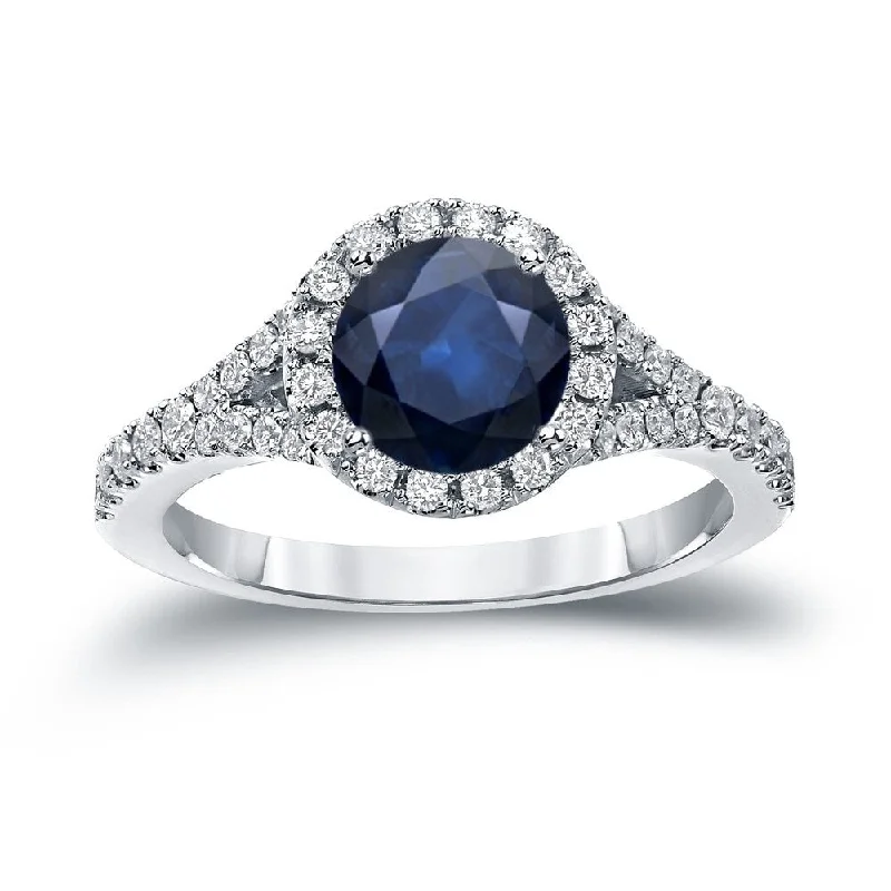 Ladies solitaire diamond engagement rings-Auriya 1 1/2ct Blue Sapphire and 1/2ctw Halo Diamond Engagement Ring 14k Gold