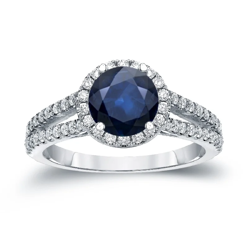 Ladies cushion cut engagement rings-14k Gold 3/4ct Blue Sapphire and 3/5ct TDW Diamond Halo Engagement Ring by Auriya