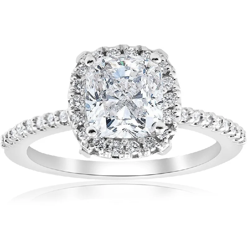 Ladies solitaire diamond engagement rings-Pompeii3 14k White Gold 1 3/4 ct TDW Cushion Halo Diamond Clarity Enhanced Engagement Ring