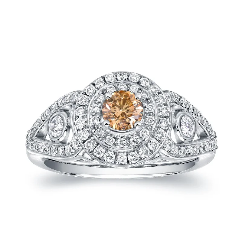 Ladies engagement rings with engraved bands-Auriya 1ct TDW Natural Fancy Yellow Diamond Halo Engagement Ring 14k White Gold