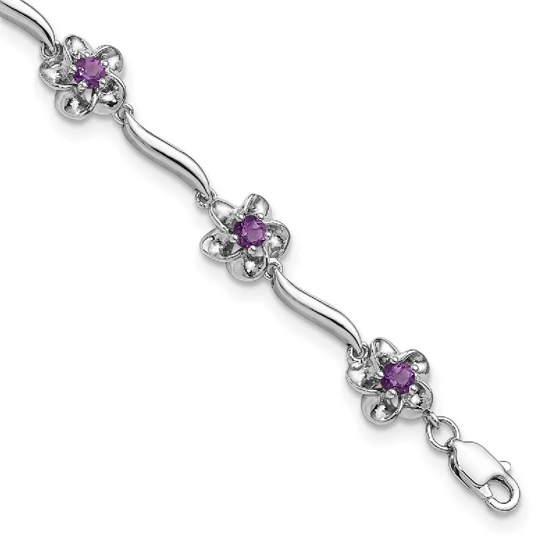 Ladies gemstone bangles-Curata 7.85mm 925 Sterling Silver Rhodium Plated Floral Amethyst Bracelet