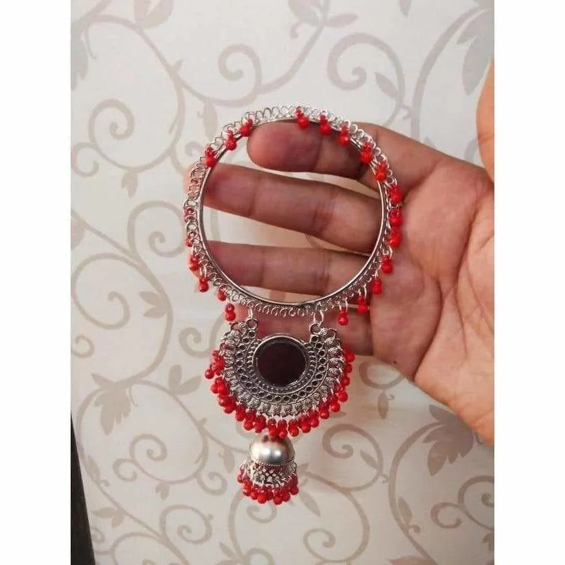 Ladies gemstone charm bracelets-MS Fashion India Red Pearls In Silver Color Bangles With Hanging Jhumkas