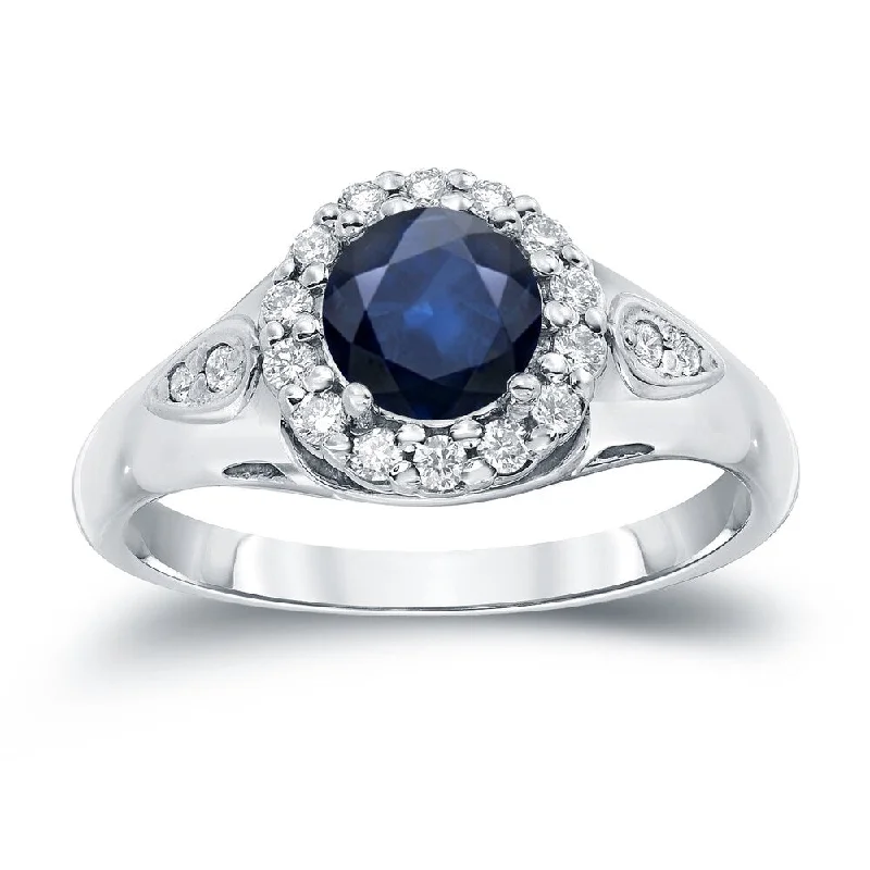 Ladies custom engagement rings with initials-Auriya 1ct Blue Sapphire and 1/4ctw Halo Diamond Engagement Ring 14k Gold