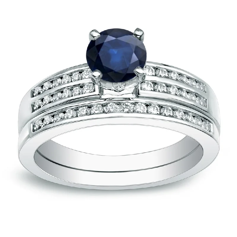 Ladies three-prong engagement rings-Auriya 14k Gold Round 3/5ct Sapphire and 2/5ctw Diamond Engagement Ring Set