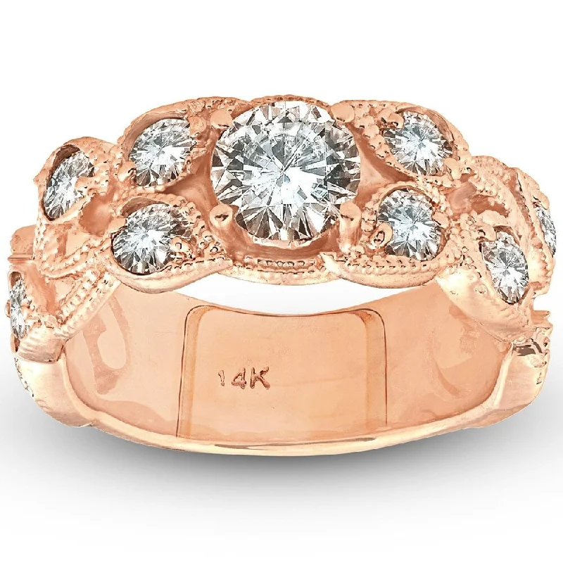 Ladies solitaire diamond engagement rings-Pompeii3 14k Rose Gold 2ct TDW Vintage Diamond Engagement Floral Leaft Petal Band - White