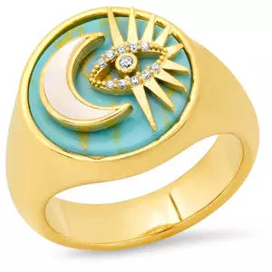 Ladies silver and diamond rings-TAI GOLD CELESTIAL TURQUOISE AND CZ  SIGNET RING