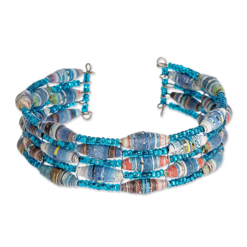 Ladies pearl and diamond bracelets-Novica Handmade Nature Of Life In Blue Recycled Paper Beaded Cuff Bracelet