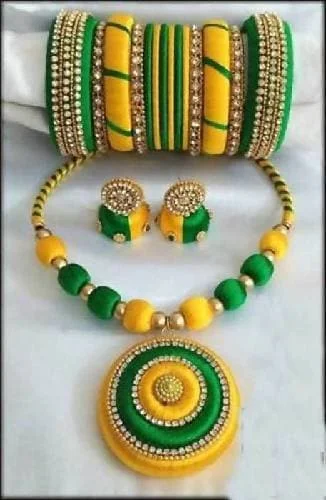 Ladies beaded bracelets-Green and Yellow Silk Threaded Necklace Set, Earrings And Bangles Set of 2