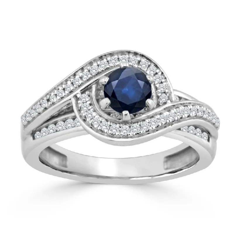 Ladies engagement rings with channel set sapphires-Auriya Halo Swirl 1/2ct Blue Sapphire and 1/2ctw Diamond Engagement Ring 14K Gold