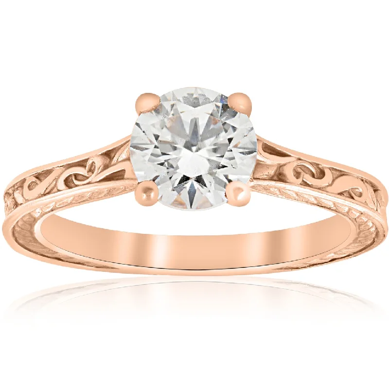 Ladies engagement rings with vintage appeal-1ct Diamond Solitaire 14k Rose Gold Vintage Engagement Ring Art Deco Filigree Clarity Enhanced (H-I, I1-I2)