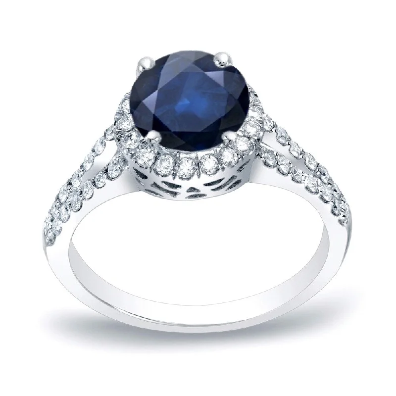 Ladies princess-cut diamond engagement rings-Platinum Round 3/4ct Blue Sapphire and 1/2ct TDW Diamond Halo Engagement Ring by Auriya