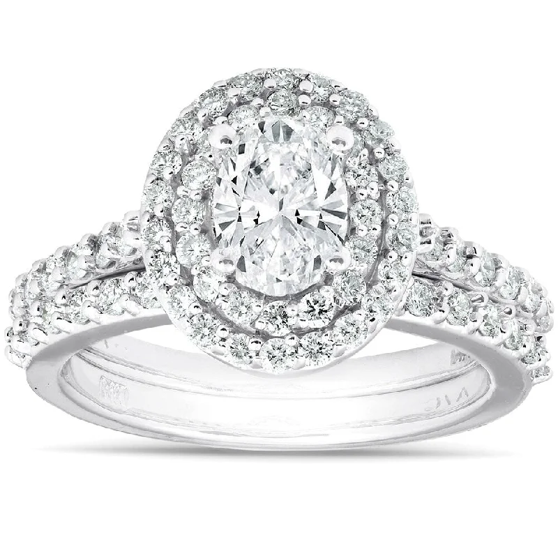 Ladies engagement rings with custom designs-2Ct Oval Diamond Double Halo Engagement Wedding Ring Set 14k White Gold