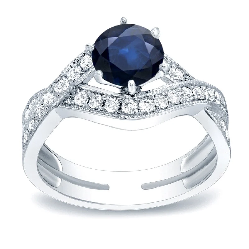 Ladies engagement rings with white gold settings-Auriya Modern Open Split Shank 1ct Sapphire and 3/4ctw Diamond Engagement Ring 14K Gold