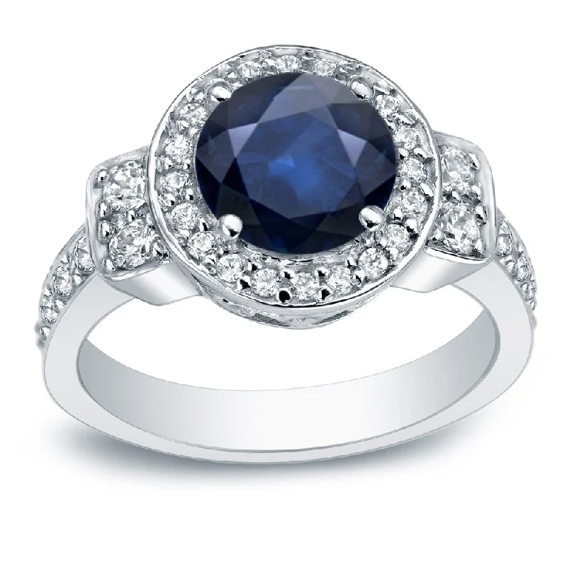 Ladies antique-inspired engagement rings-Auriya Platinum 2ct Blue Sapphire and 3/4ctw Halo Diamond Engagement Ring