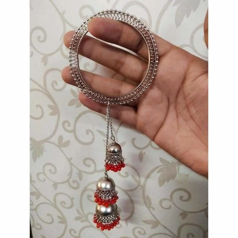 Ladies rose gold chain bracelets-MS Fashion India Hanging Red Pearls Jhumkas Bangles With Chains