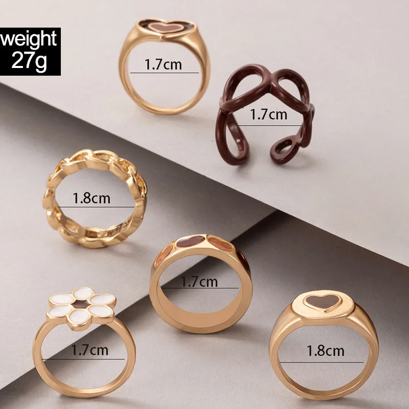 Ladies birthstone rings for women-European And American Jewelry Brown Heart Drop Oil Ring Six-piece Geometric Flower Ring Set