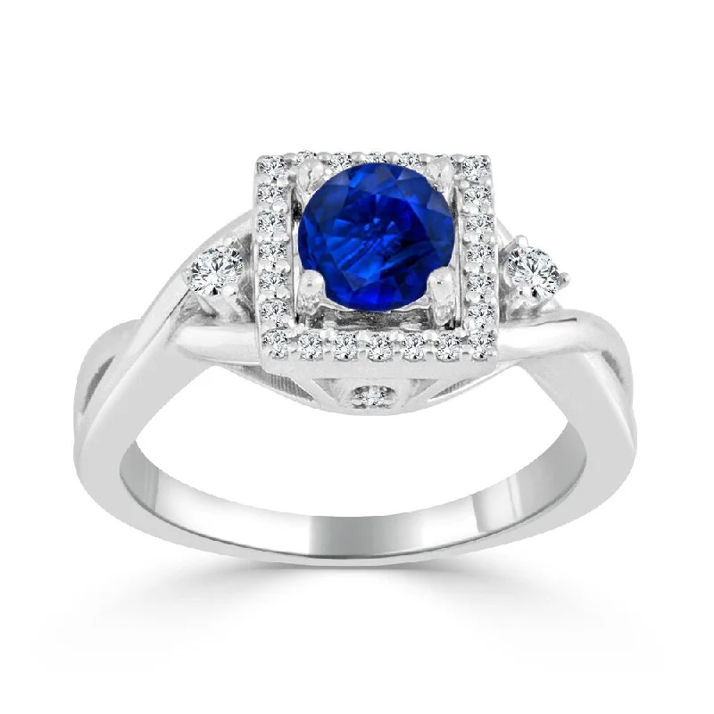 Ladies vintage diamond engagement rings-14k Gold Twisted 1/2ct Blue Sapphire and 1/3ct TDW Diamond Halo Engagement Ring by Auriya