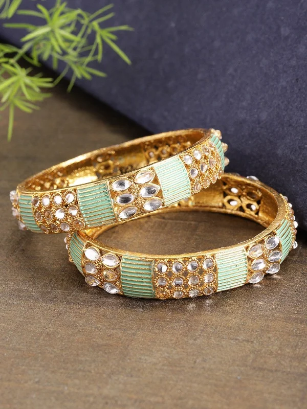 Ladies multi-color bangles-Priyaasi Women Set of 2 Gold-Plated Kundan Studded Meenakari Bangles in Mint Green Color