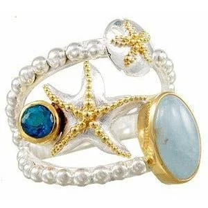 Ladies gold-plated gemstone rings-Michou Poseiden's Treasures  Larimar Starfish Ring