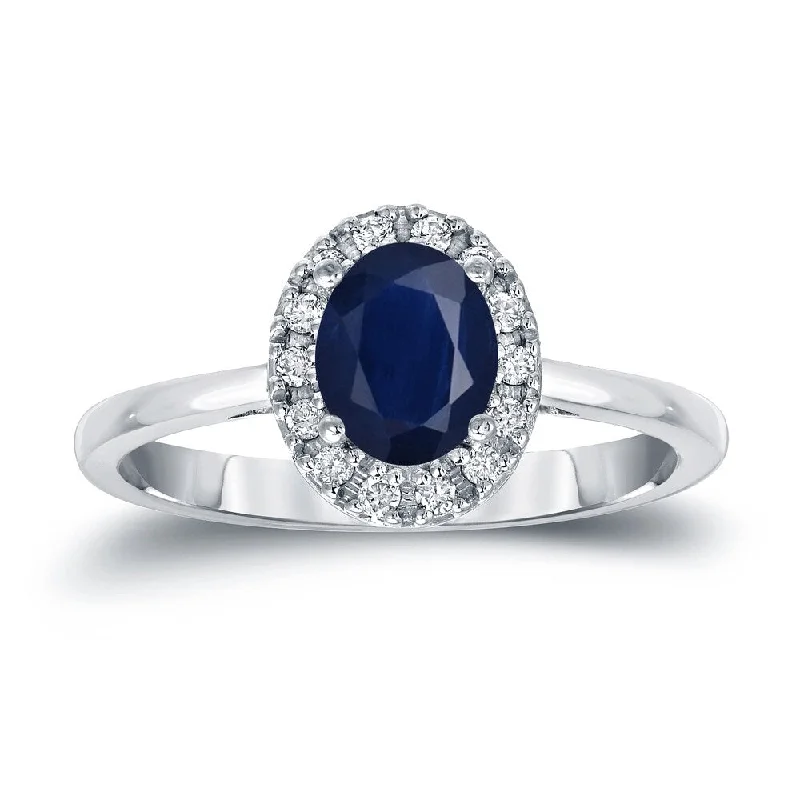 Ladies engagement rings with diamonds-Platinum 1ct Sapphire Oval and 1/8ct TDW Diamond Halo Engagement Ring (H-I, SI1-SI2)