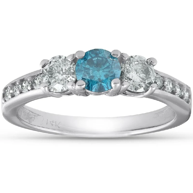 Ladies square diamond engagement rings-14k White Gold 1 Ct TDW Blue & White Round Diamond Three Stone Engagement Ring