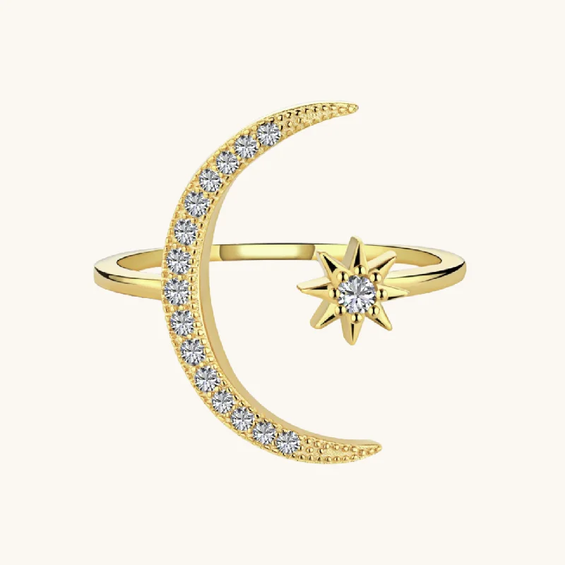 Ladies emerald rings-Gold Adjustable Moon Star Ring