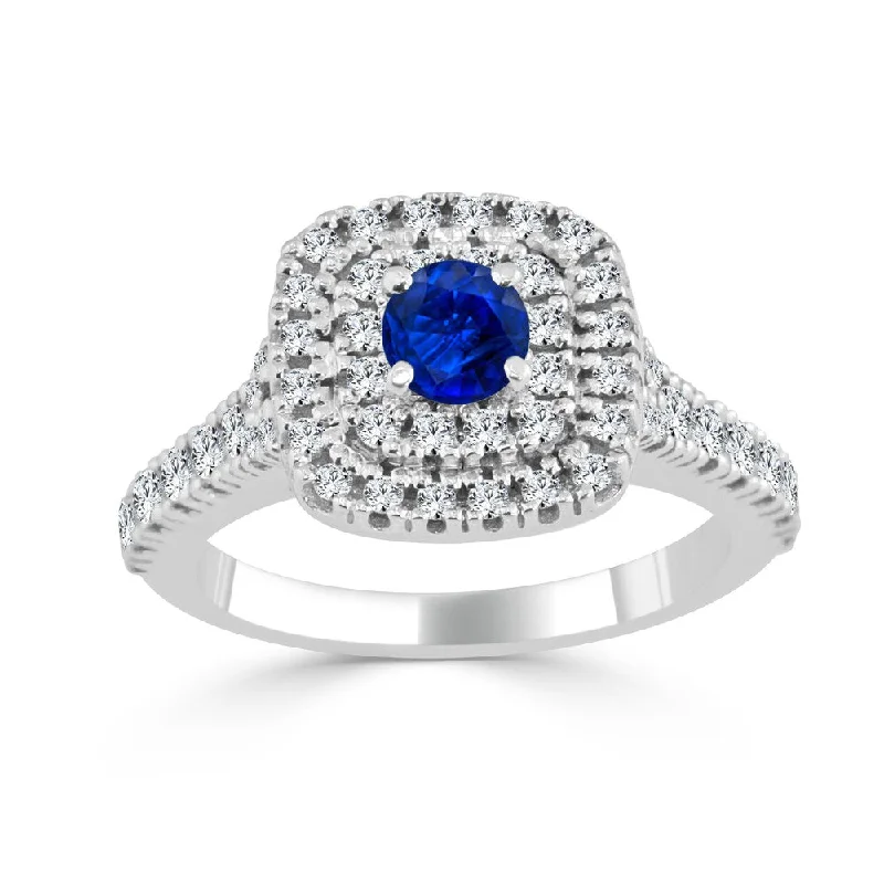 Ladies double band engagement rings-14k Gold 2/5ct Blue Sapphire and 3/5ct TDW Double Diamond Halo Engagement Ring by Auriya