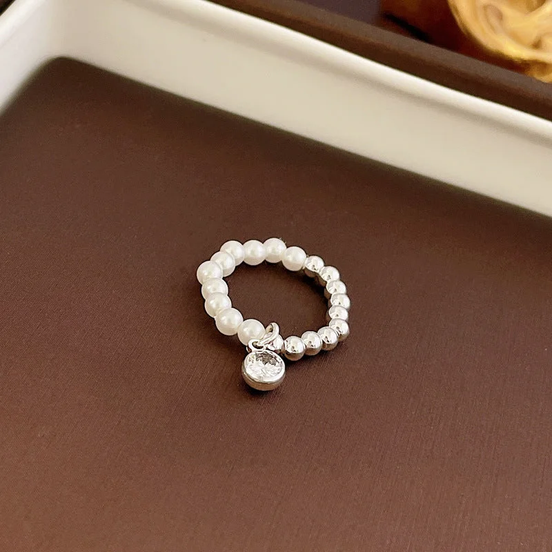 4# Ring-Silver Elastic Zircon round Pearl