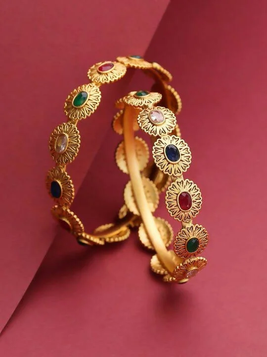 Ladies minimalist bangles-Priyaasi Women Set Of 2 Gold-Plated Multicolored Stones Studded Bangles in Floral Pattern