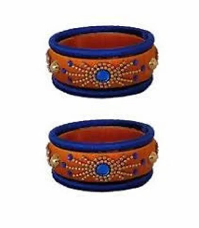 Ladies pearl and diamond bracelets-Orange and Navy Blue Silk Threaded Bangles Set of 2