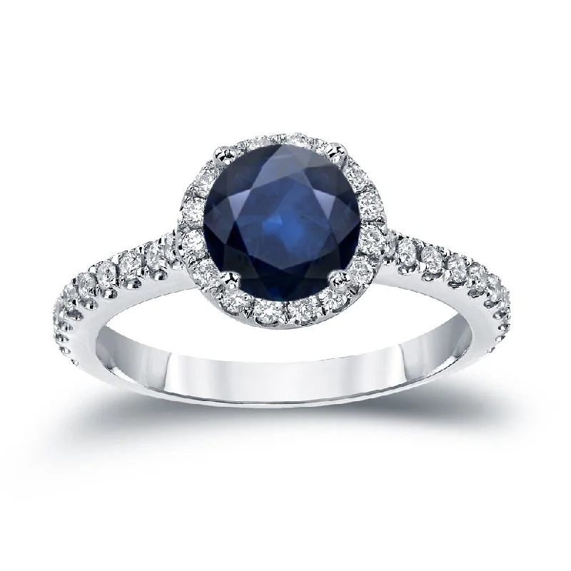 Ladies vintage-style engagement rings-14k Gold 1ct Blue Sapphire and 1/3ct TDW Diamond Halo Engagement Ring by Auriya