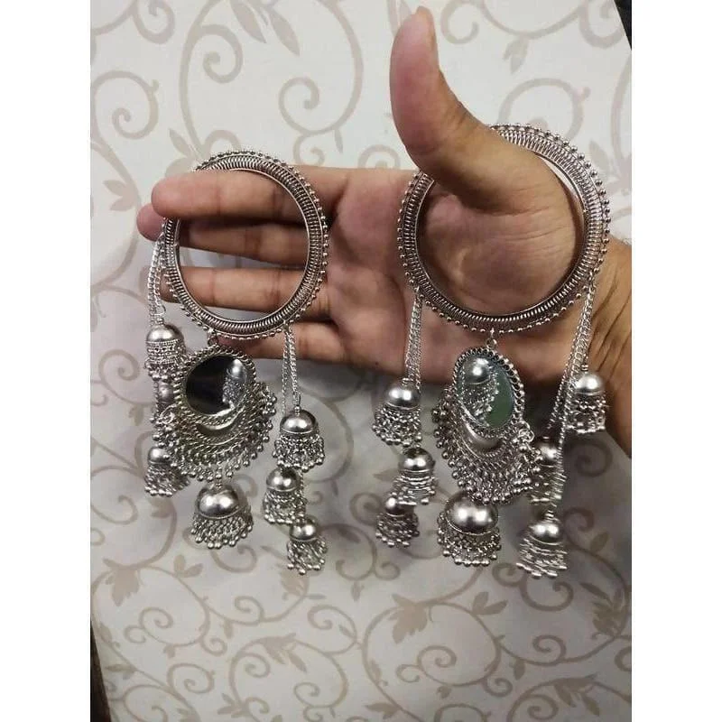 Ladies luxurious bangles-MS Fashion India Hanging Jhumkas With Mirror Silver Latkan Bangles