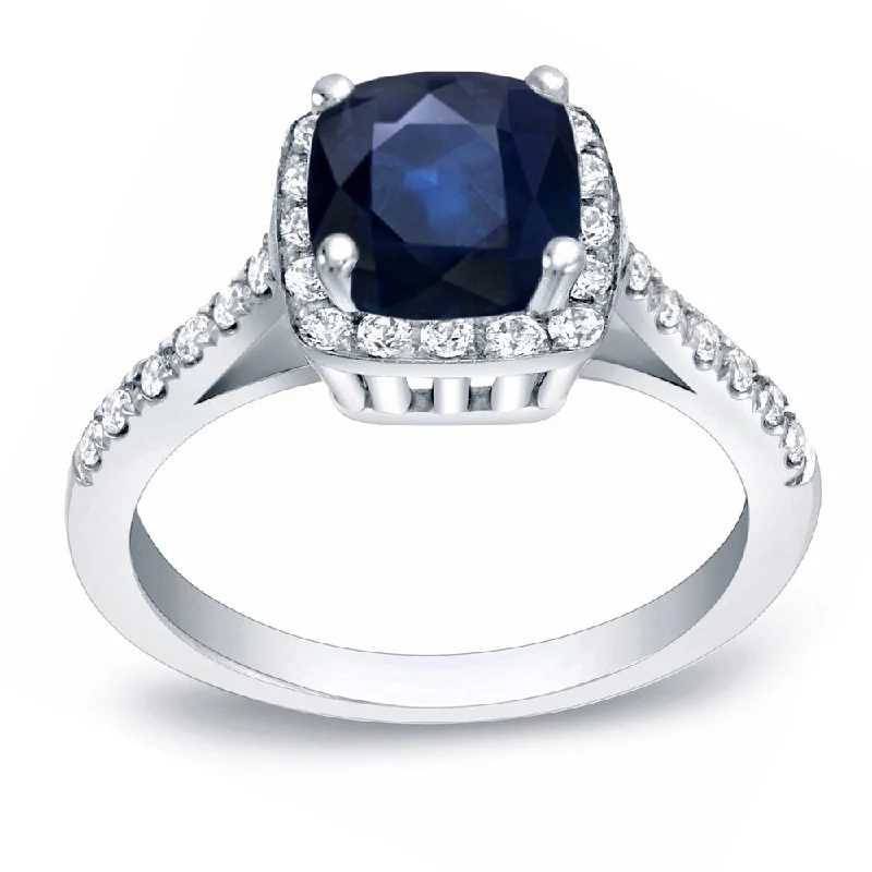 Ladies wedding and engagement rings set-Auriya Modern Cushion-Cut 1 1/2ct Blue Sapphire and 1/4ct TDW Diamond Halo Engagement Ring 14k Gold (H-I, SI1-SI2)