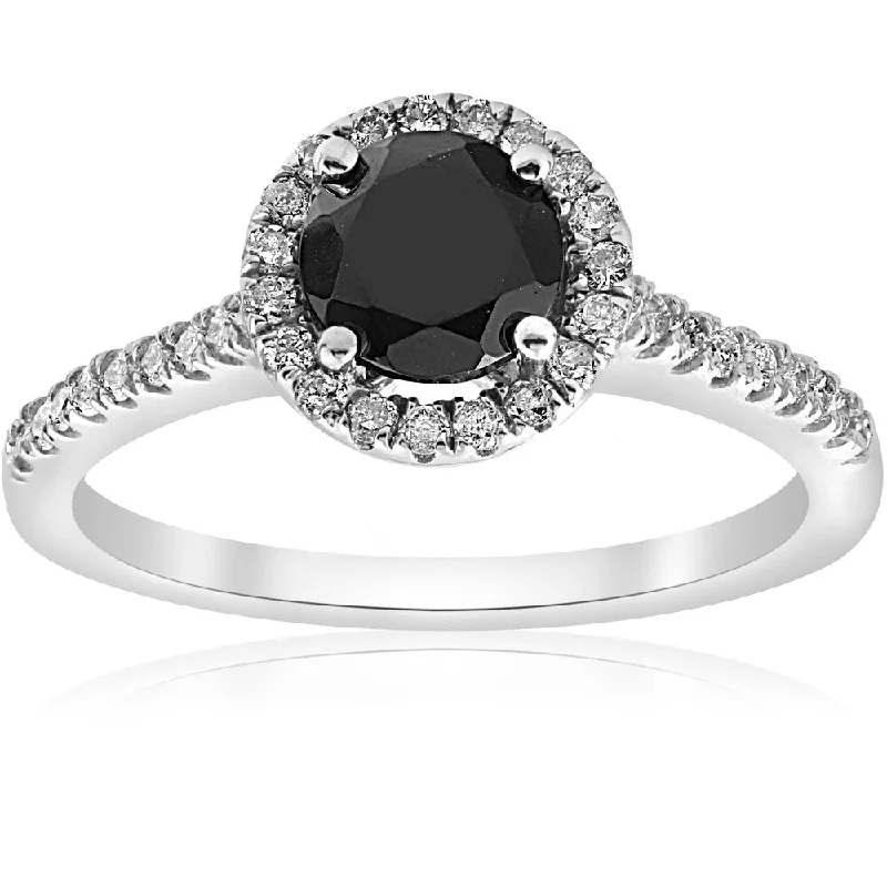 Ladies wedding and engagement rings set-14k White Gold 1 3/8 ct TDW Diamond & Black Spinel Halo Pave Engagement Ring (I-J,I2-I3)