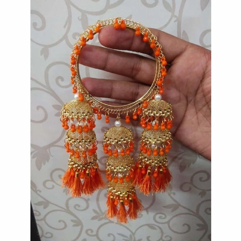 Ladies luxury bangles-MS Fashion India Stylish Gold Color Hanging Jhumka Bangles With Pearls, Threads