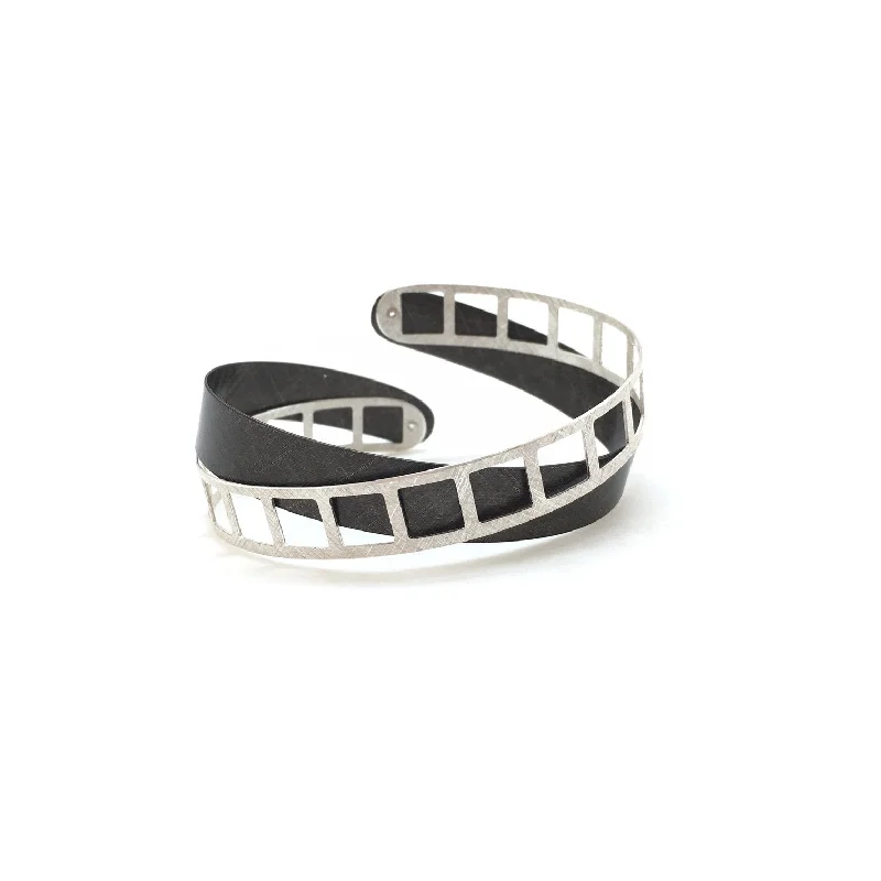 Ladies leather wrap bracelets-Oxidized and Bright Silver Film Strip Bracelet