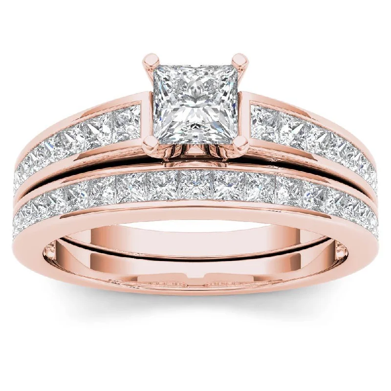 Ladies floral engagement rings with diamonds-De Couer 14k Rose Gold 1 1/2ct TDW Diamond Classic Engagement Ring Set with One Band - Pink