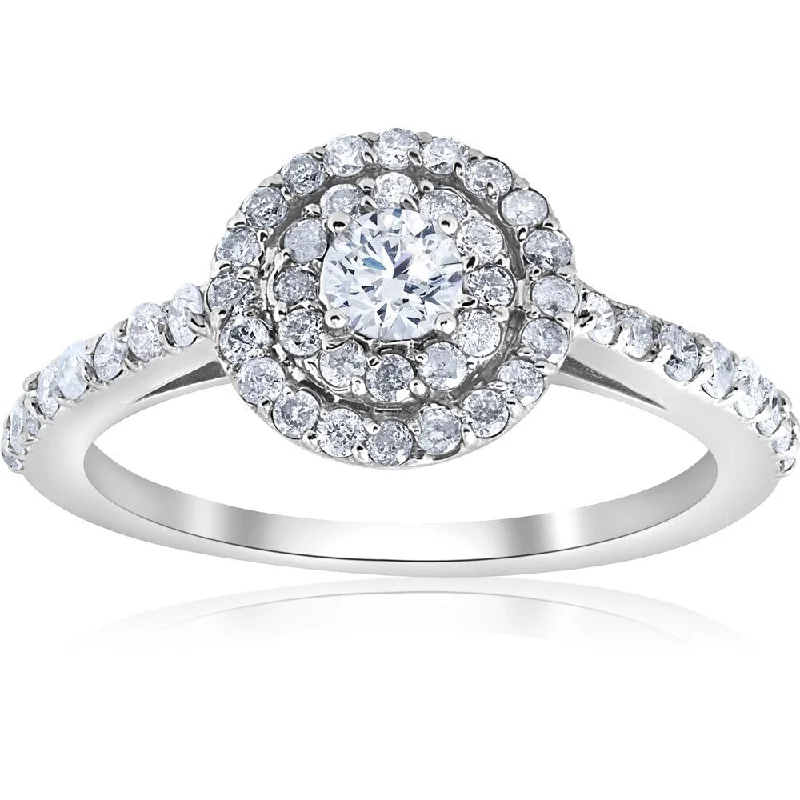 Ladies platinum and diamond engagement rings-Pompeii3 10K White Gold 3/4cttw Double Halo Round Diamond Engagement Ring - White G-H - White G-H