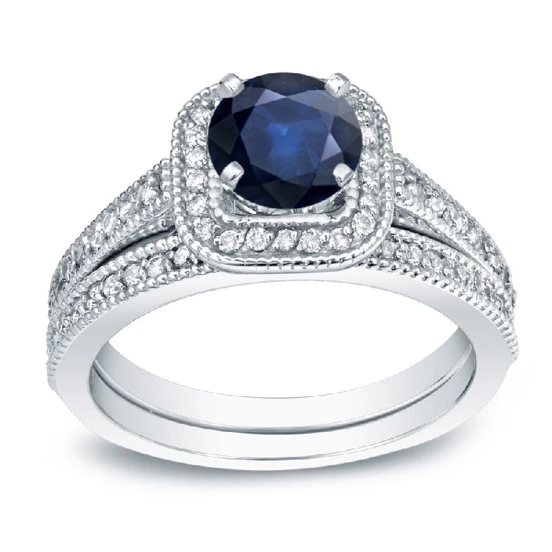 Ladies floral engagement rings with diamonds-Auriya Vintage 2/5ct Blue Sapphire and 3/5ctw Halo Diamond Engagement Ring Set Platinum