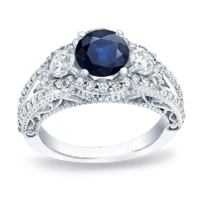 Ladies modern engagement rings-Auriya 14k Gold 3/4ct Vintage Blue Sapphire 3-Stone Diamond Engagement Ring 1 1/4ctw (H-I, SI1-SI2)