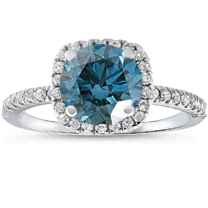 Ladies channel-set engagement rings-14k White Gold 1 3/4 ct TDW Blue Diamond Cushion Halo Engagement Ring with Accents )