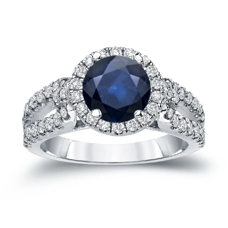 Ladies engagement rings with twisted bands-14k Gold Round 3/4ct Blue Sapphire and 3/4ct TDW Diamond Halo Engagement Ring by Auriya