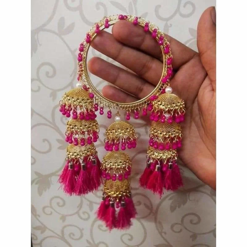 Ladies rose gold bangles-MS Fashion India Jhumka With Pink Pearls Hanging Bangles With Threads