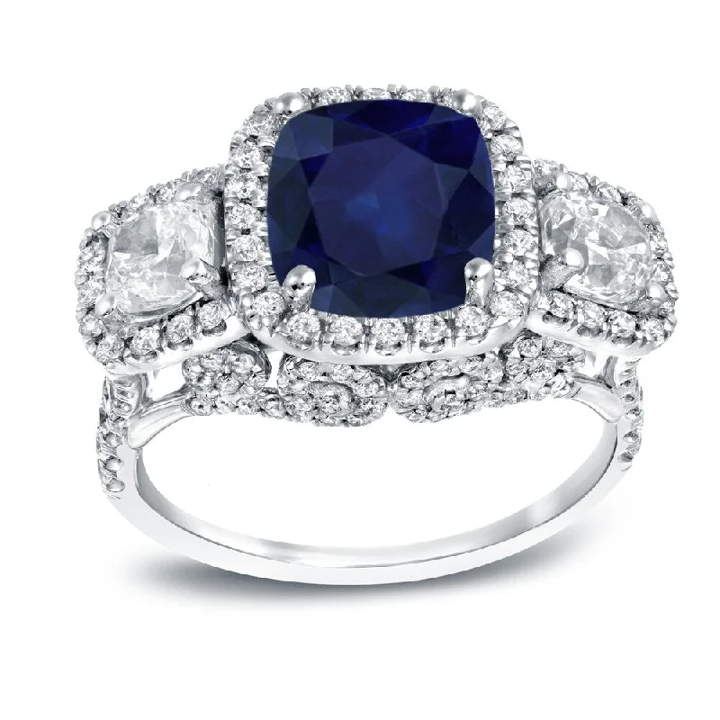 Ladies diamond engagement rings with side accents-Auriya 3ct Blue Sapphire and 2ctw 3 Stone Halo Diamond Engagement Ring 18k White Gold